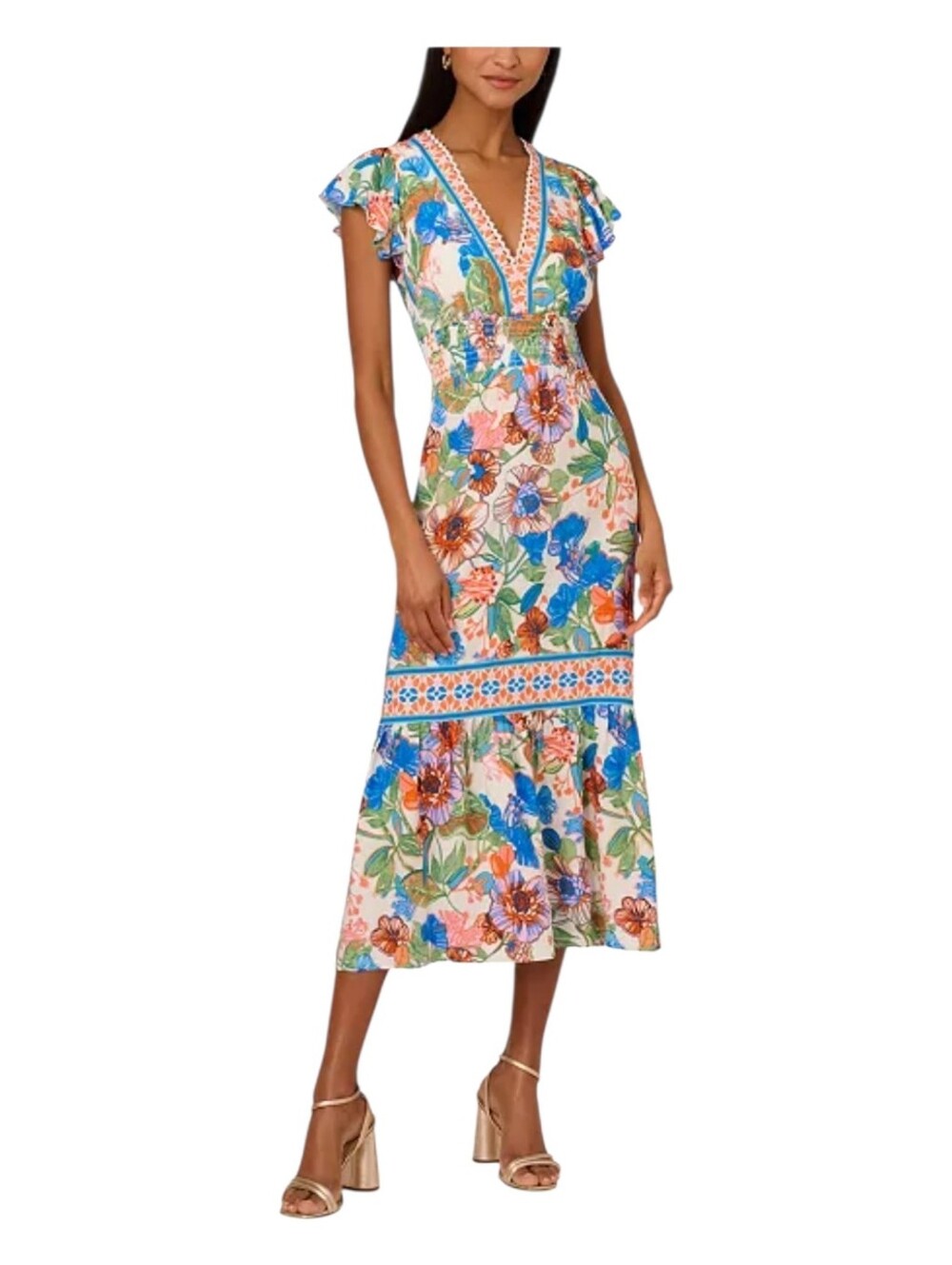 Adriana Papell Floral V-Neck Smocked-waist Maxi Dress Size 10